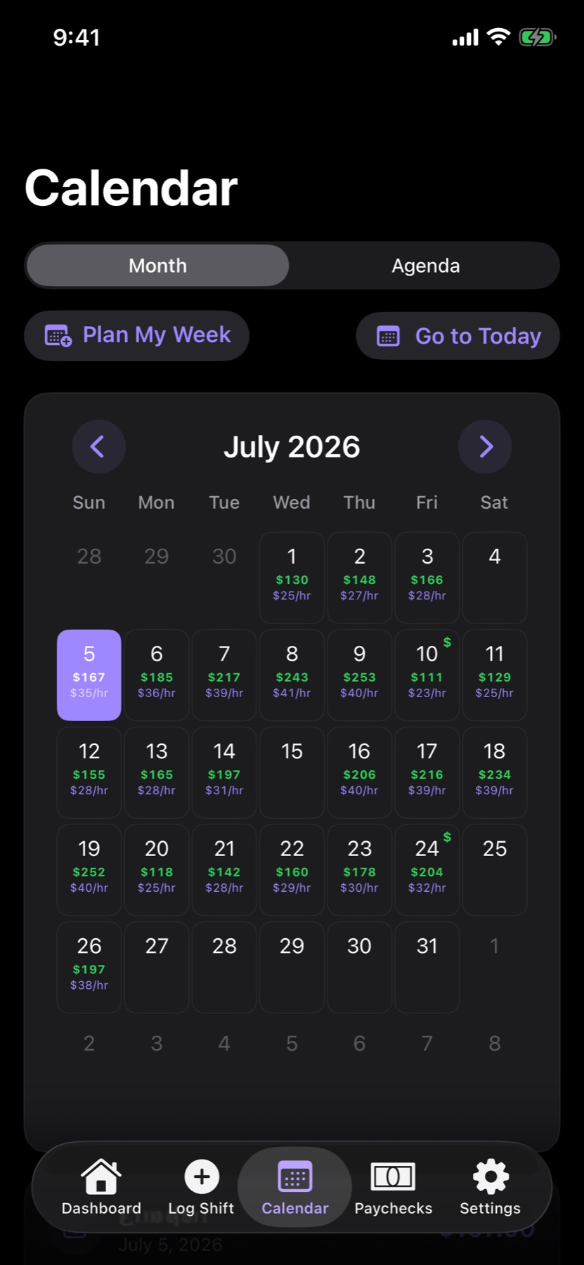AfterClock Calendar showing a populated month with net tips and hourly earnings for every shift