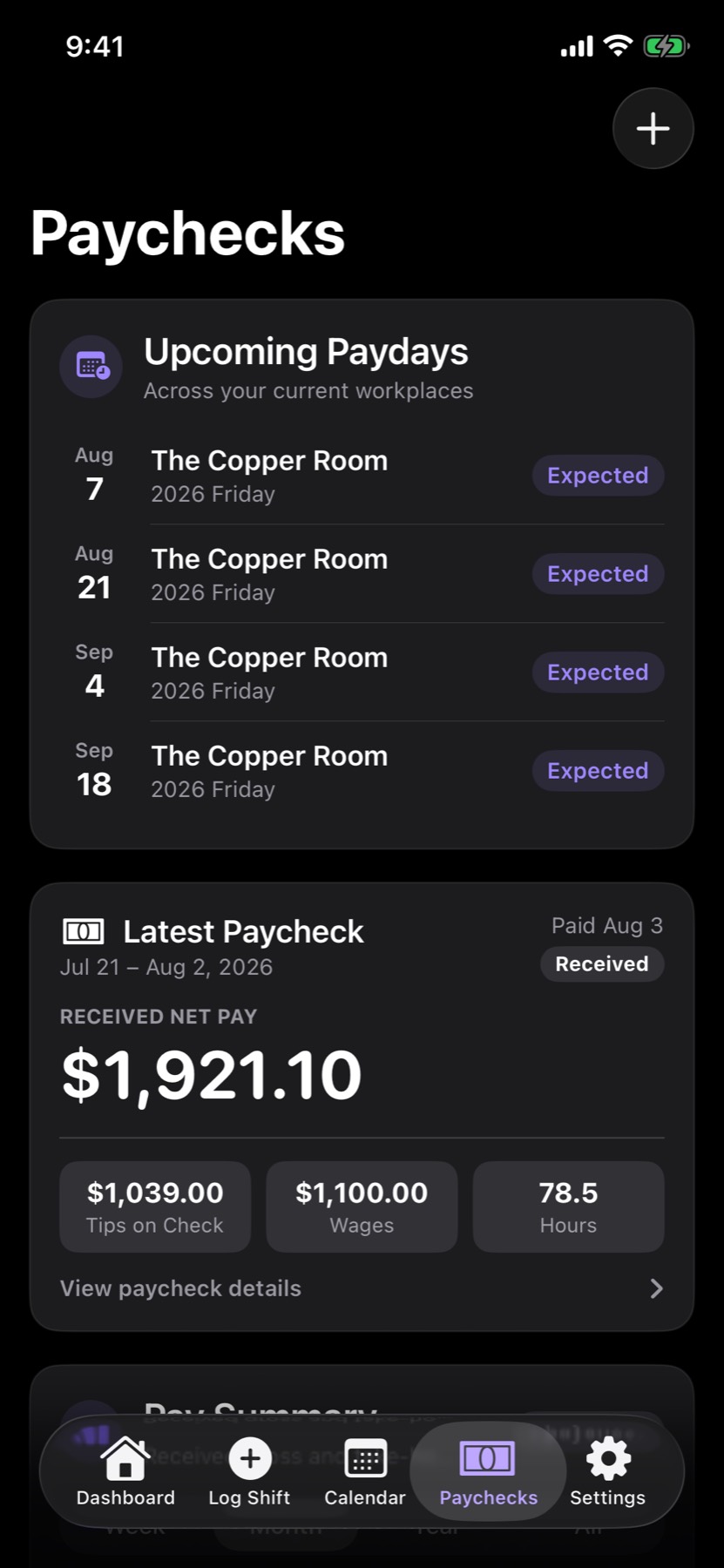 AfterClock Paychecks screen with upcoming paydays and a fully reconciled paycheck